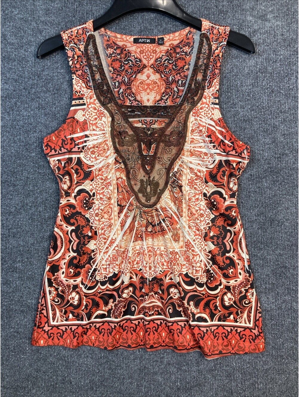 APT 9 Womens Size Medium Orange Brown V-Neck Beaded Sleeveless Blouse Top EUC